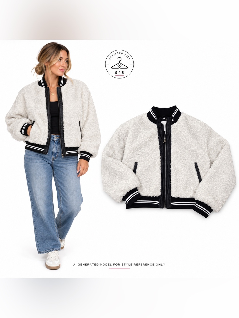Avec Les Filles Sherpa Fleece Varsity Bomber Jacket White & Black Large